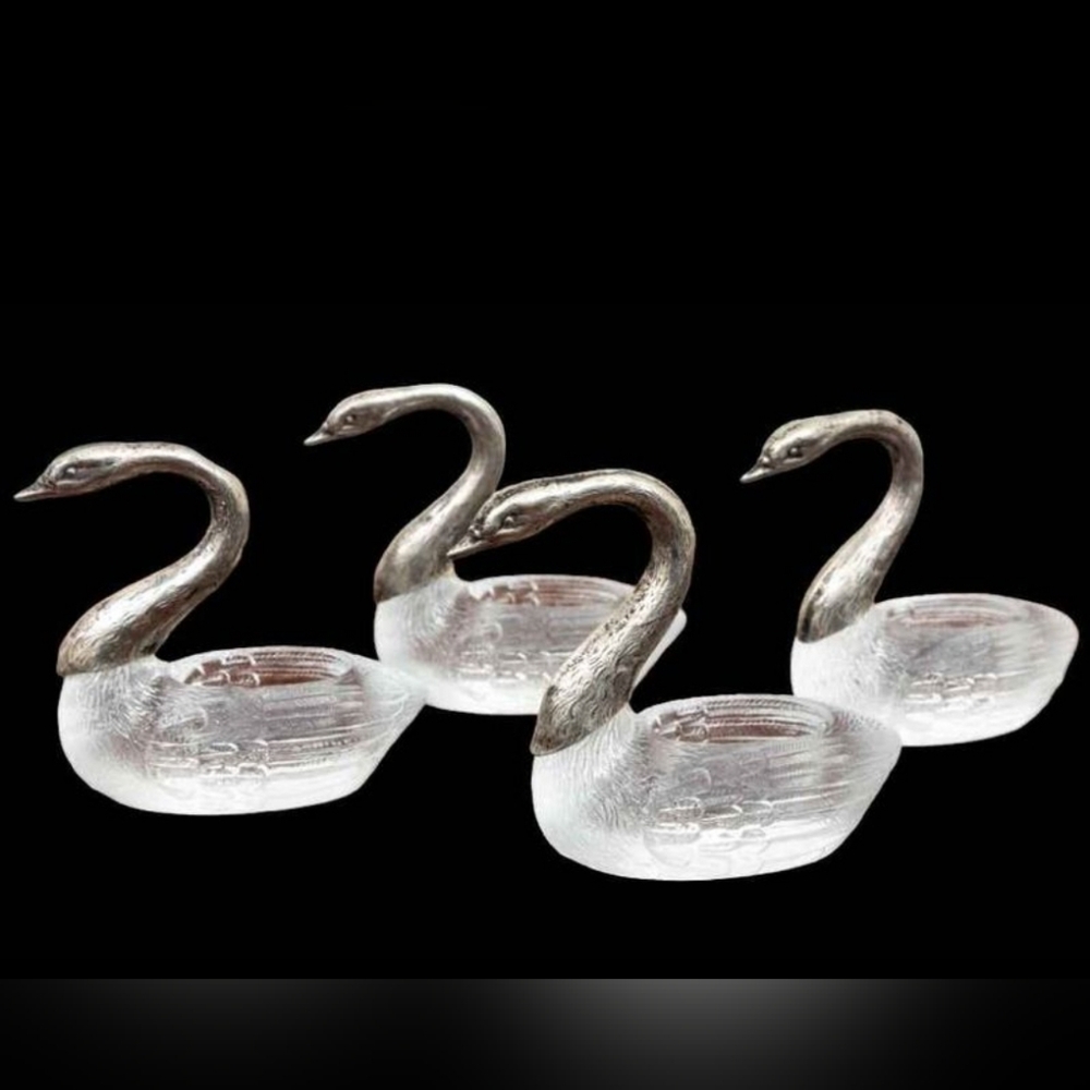 Vintage moulded glass swan salt cellars with silver-plated neck & head.